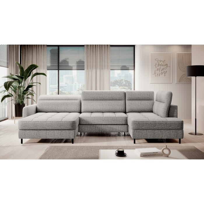 Canapé d’angle convertible BERTHO 306 cm gris clair – Angle gauche avec coffre 