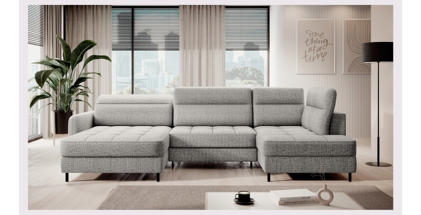 Canapé d’angle convertible BERTHO 306 cm gris clair – Angle gauche avec coffre 