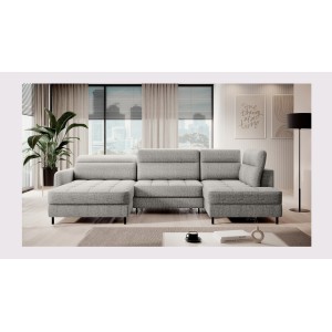 Canapé d’angle convertible BERTHO 306 cm gris clair – Angle gauche avec coffre 