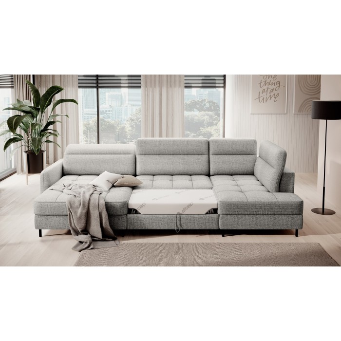 Canapé d’angle convertible BERTHO 306 cm gris clair – Angle gauche avec coffre 