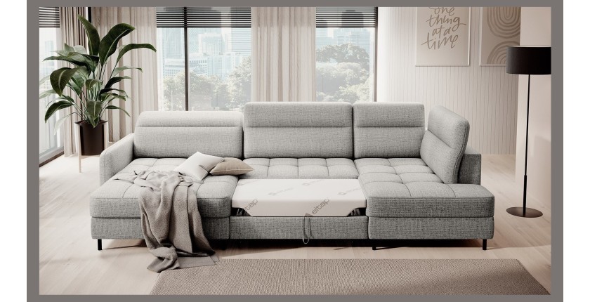 Canapé d’angle convertible BERTHO 306 cm gris clair – Angle gauche avec coffre 