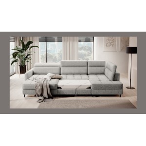 Canapé d’angle convertible BERTHO 306 cm gris clair – Angle gauche avec coffre 