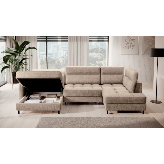 Canapé d’angle convertible BERTHO 306 cm beige clair – Angle gauche avec coffre 