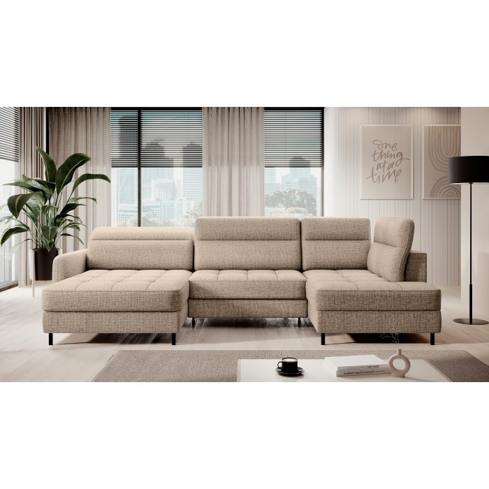 Canapé d’angle convertible BERTHO 306 cm beige clair – Angle gauche avec coffre 