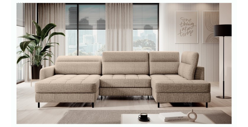 Canapé d’angle convertible BERTHO 306 cm beige clair – Angle gauche avec coffre 