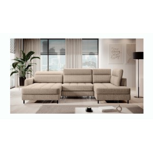 Canapé d’angle convertible BERTHO 306 cm beige clair – Angle gauche avec coffre 