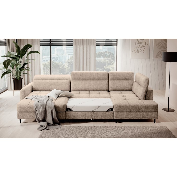 Canapé d’angle convertible BERTHO 306 cm beige clair – Angle gauche avec coffre 