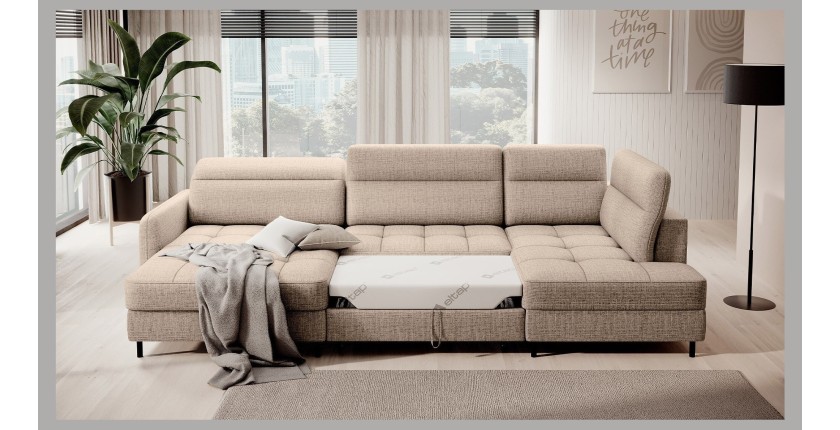 Canapé d’angle convertible BERTHO 306 cm beige clair – Angle gauche avec coffre 