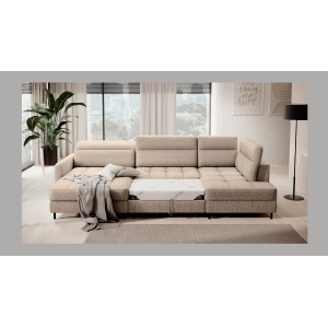 Canapé d’angle convertible BERTHO 306 cm beige clair – Angle gauche avec coffre 