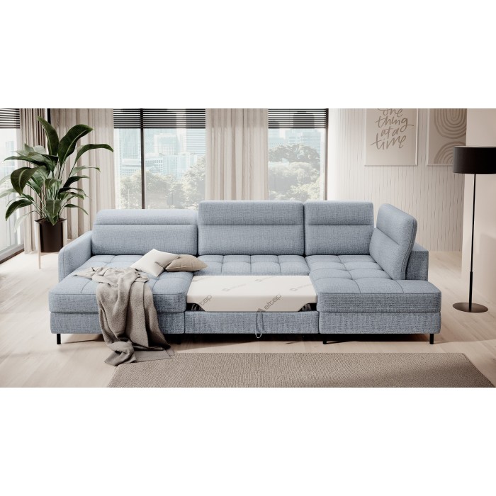 Canapé d’angle convertible BERTHO 306 cm bleu gris – Angle gauche avec coffre 