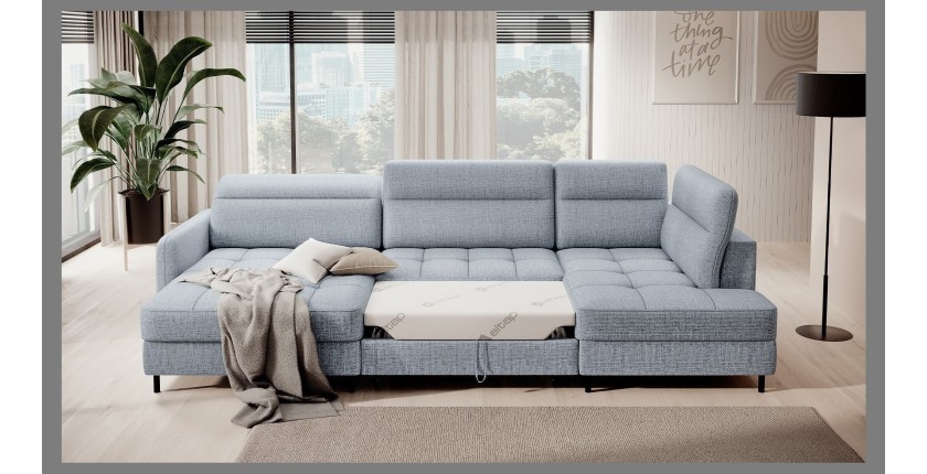 Canapé d’angle convertible BERTHO 306 cm bleu gris – Angle gauche avec coffre 