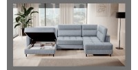 Canapé d’angle convertible BERTHO 306 cm bleu gris – Angle gauche avec coffre 