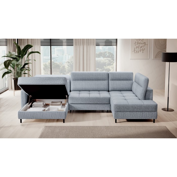 Canapé d’angle convertible BERTHO 306 cm bleu gris – Angle gauche avec coffre 