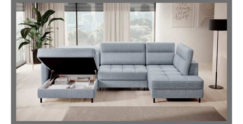 Canapé d’angle convertible BERTHO 306 cm bleu gris – Angle gauche avec coffre 