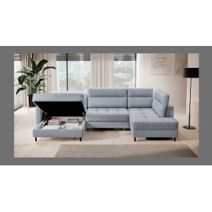 Canapé d’angle convertible BERTHO 306 cm bleu gris – Angle gauche avec coffre 