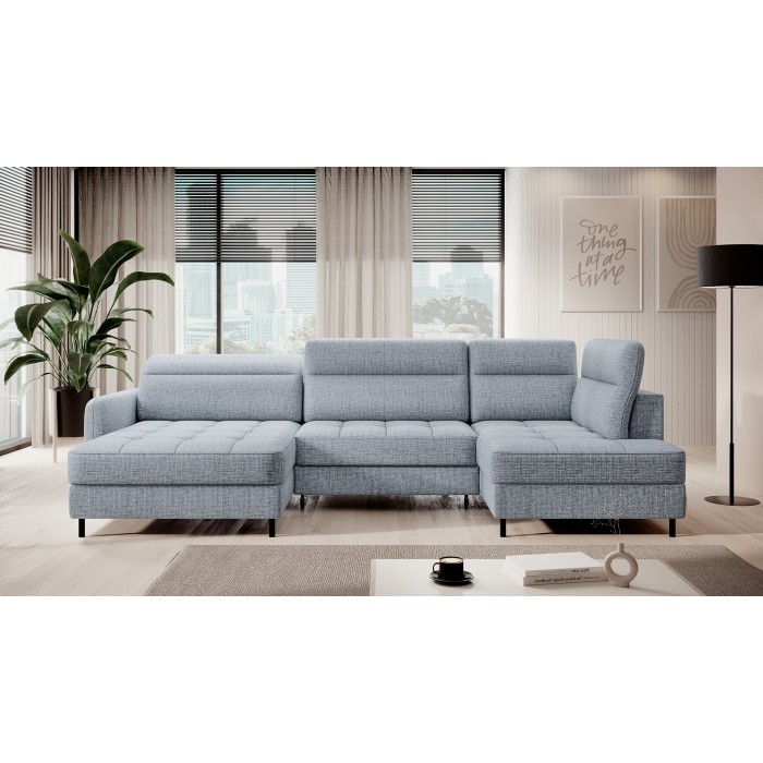 Canapé d’angle convertible BERTHO 306 cm bleu gris – Angle gauche avec coffre 