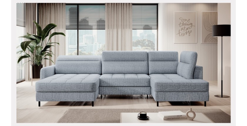 Canapé d’angle convertible BERTHO 306 cm bleu gris – Angle gauche avec coffre 