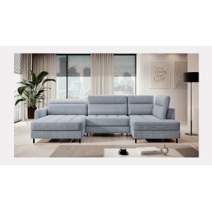 Canapé d’angle convertible BERTHO 306 cm bleu gris – Angle gauche avec coffre 