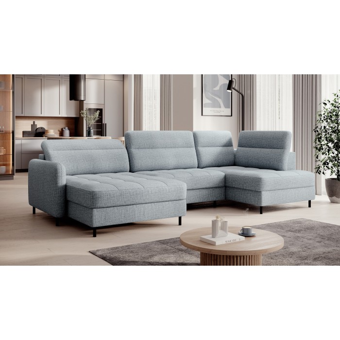Canapé d’angle convertible BERTHO 306 cm bleu gris – Angle gauche avec coffre 
