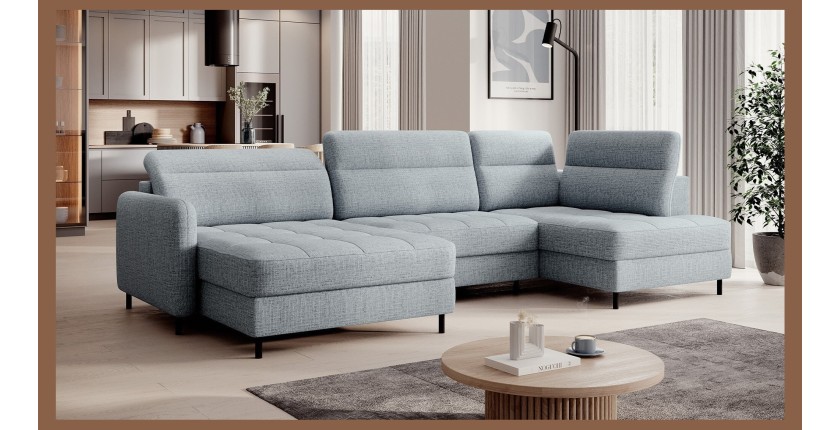 Canapé d’angle convertible BERTHO 306 cm bleu gris – Angle gauche avec coffre 