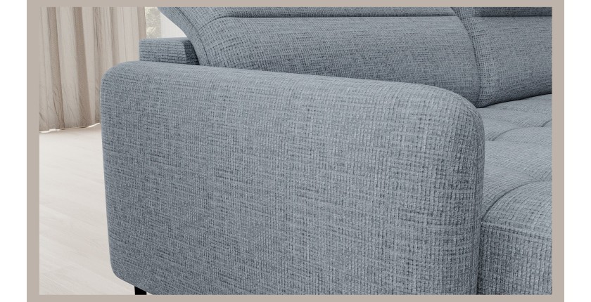 Canapé d’angle convertible BERTHO 306 cm bleu gris – Angle gauche avec coffre 