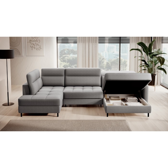 Canapé d’angle convertible BERTHO 306 cm gris – Angle droit avec coffre 