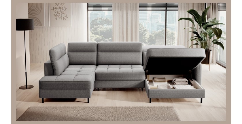 Canapé d’angle convertible BERTHO 306 cm gris – Angle droit avec coffre 