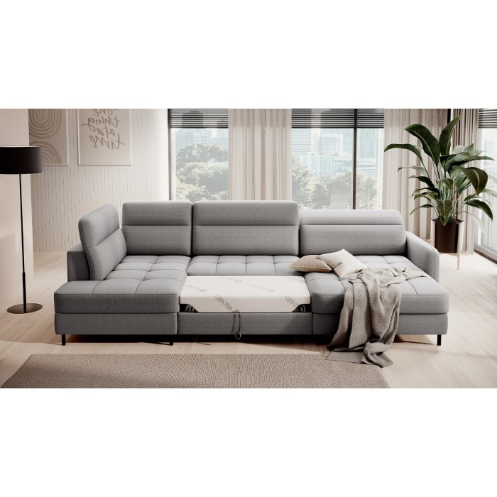 Canapé d’angle convertible BERTHO 306 cm gris – Angle droit avec coffre 