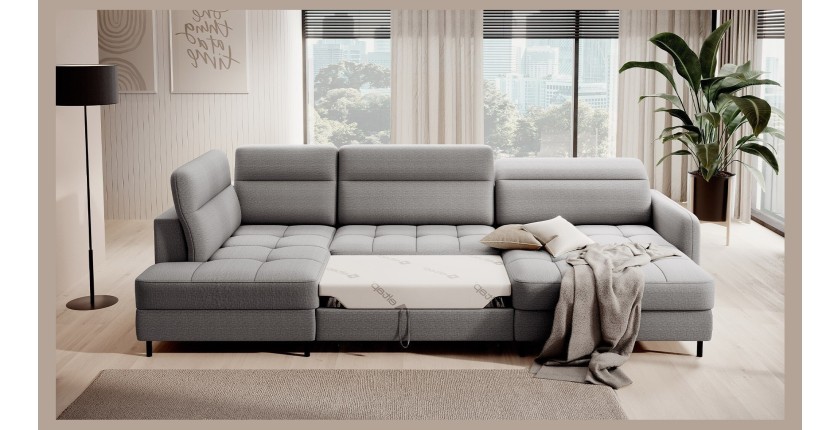 Canapé d’angle convertible BERTHO 306 cm gris – Angle droit avec coffre 