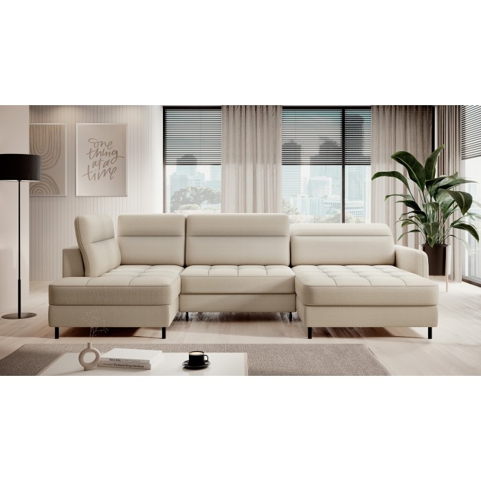 Canapé d’angle convertible BERTHO 306 cm beige – Angle droit avec coffre 