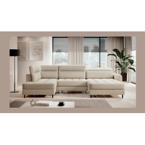 Canapé d’angle convertible BERTHO 306 cm beige – Angle droit avec coffre 