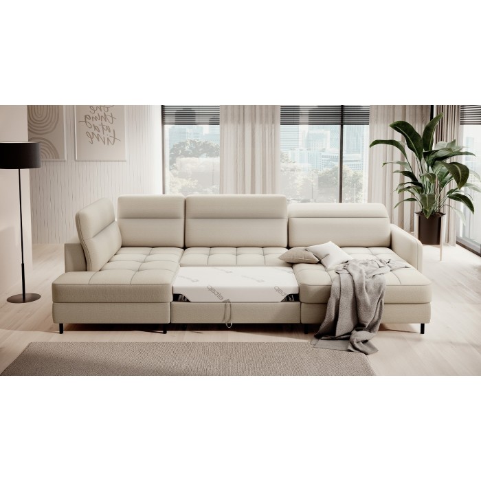 Canapé d’angle convertible BERTHO 306 cm beige – Angle droit avec coffre 