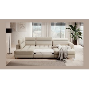 Canapé d’angle convertible BERTHO 306 cm beige – Angle droit avec coffre 