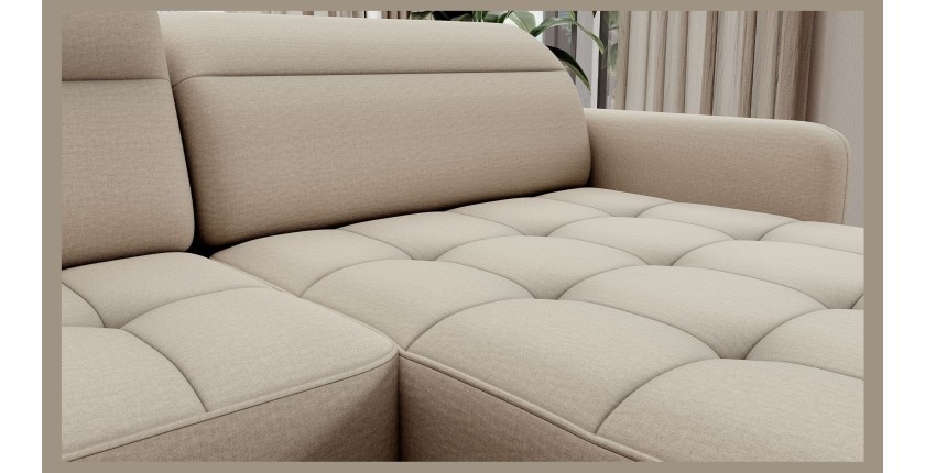 Canapé d’angle convertible BERTHO 306 cm beige – Angle droit avec coffre 