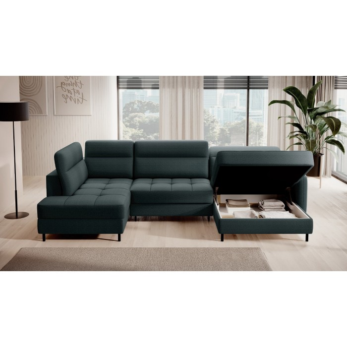 Canapé d’angle convertible BERTHO 306 cm vert foncé – Angle droit avec coffre 