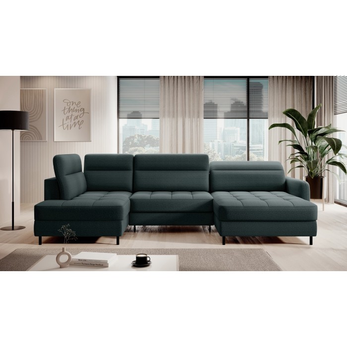 Canapé d’angle convertible BERTHO 306 cm vert foncé – Angle droit avec coffre 