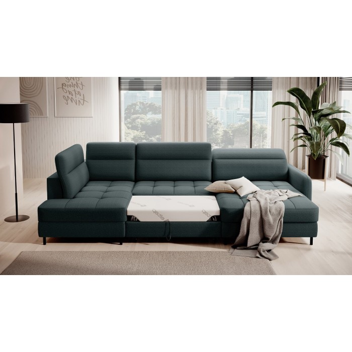 Canapé d’angle convertible BERTHO 306 cm vert foncé – Angle droit avec coffre 