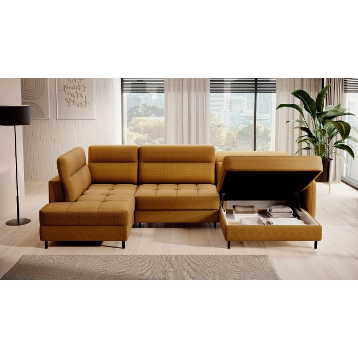 Canapé d’angle convertible BERTHO 306 cm jaune orangé – Angle droit avec coffre 