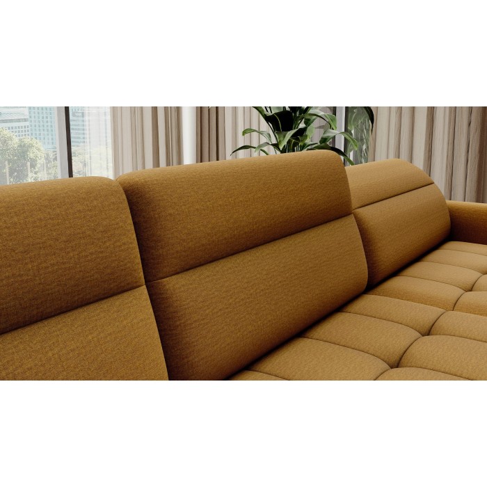 Canapé d’angle convertible BERTHO 306 cm jaune orangé – Angle droit avec coffre 