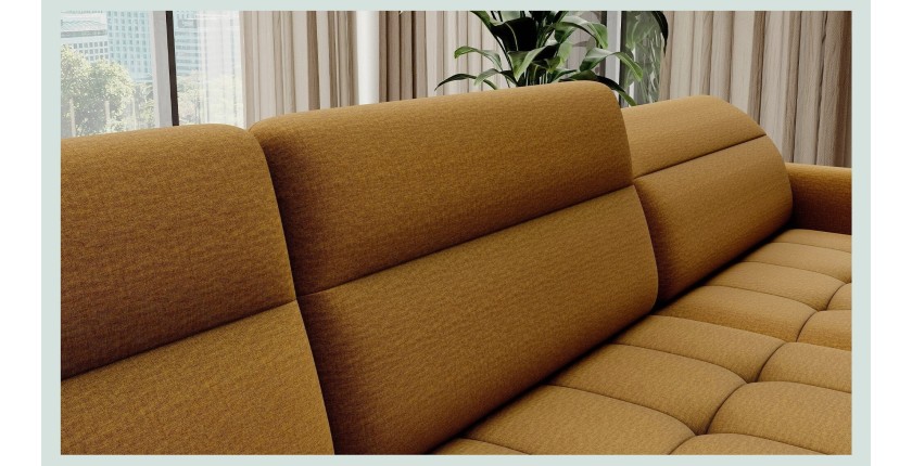 Canapé d’angle convertible BERTHO 306 cm jaune orangé – Angle droit avec coffre 