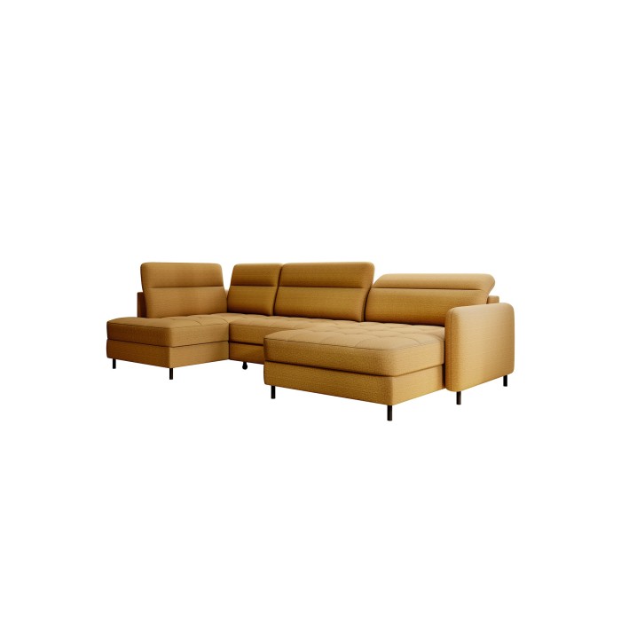 Canapé d’angle convertible BERTHO 306 cm jaune orangé – Angle droit avec coffre 