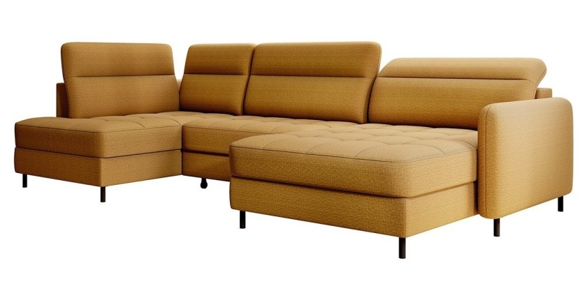 Canapé d’angle convertible BERTHO 306 cm jaune orangé – Angle droit avec coffre 