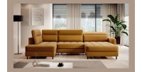 Canapé d’angle convertible BERTHO 306 cm jaune orangé – Angle droit avec coffre 