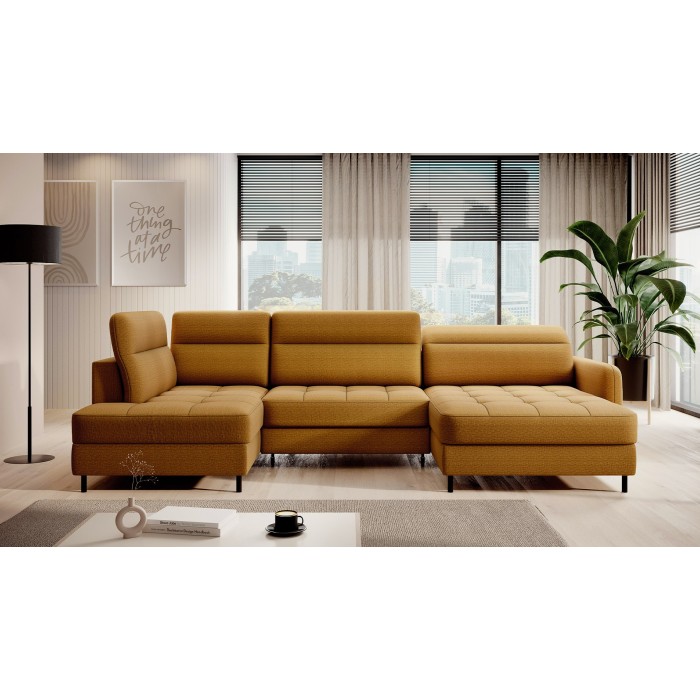 Canapé d’angle convertible BERTHO 306 cm jaune orangé – Angle droit avec coffre 