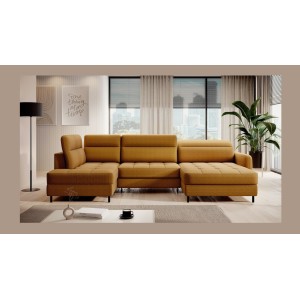 Canapé d’angle convertible BERTHO 306 cm jaune orangé – Angle droit avec coffre 