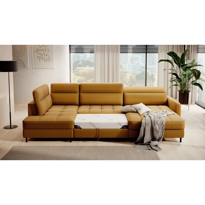 Canapé d’angle convertible BERTHO 306 cm jaune orangé – Angle droit avec coffre 