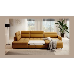 Canapé d’angle convertible BERTHO 306 cm jaune orangé – Angle droit avec coffre 