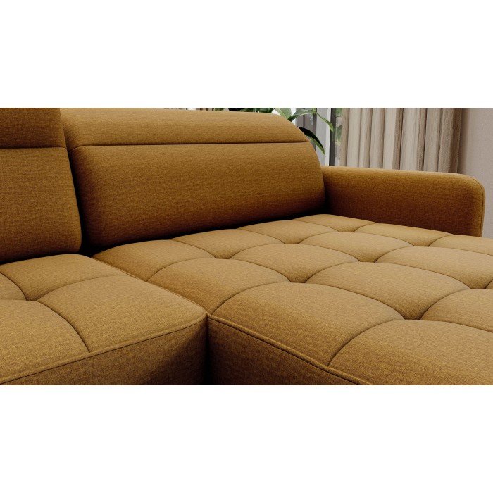 Canapé d’angle convertible BERTHO 306 cm jaune orangé – Angle droit avec coffre 