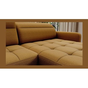 Canapé d’angle convertible BERTHO 306 cm jaune orangé – Angle droit avec coffre 