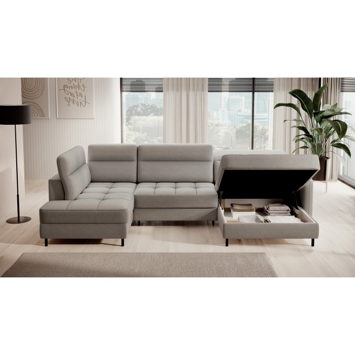 Canapé d’angle convertible BERTHO 306 cm gris clair – Angle droit avec coffre 